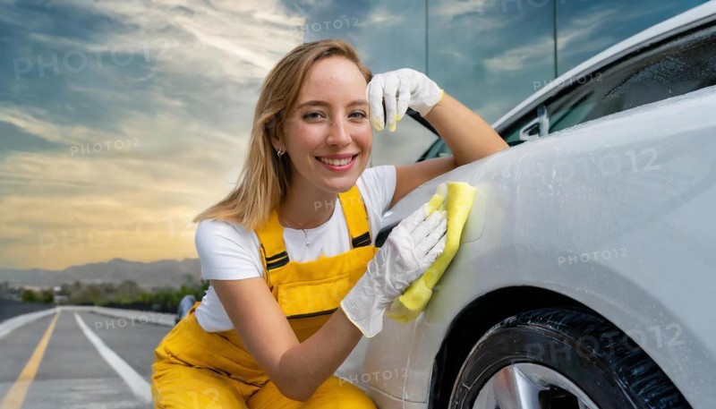 AI generated, A blonde woman washes a car by hand, silver sports car