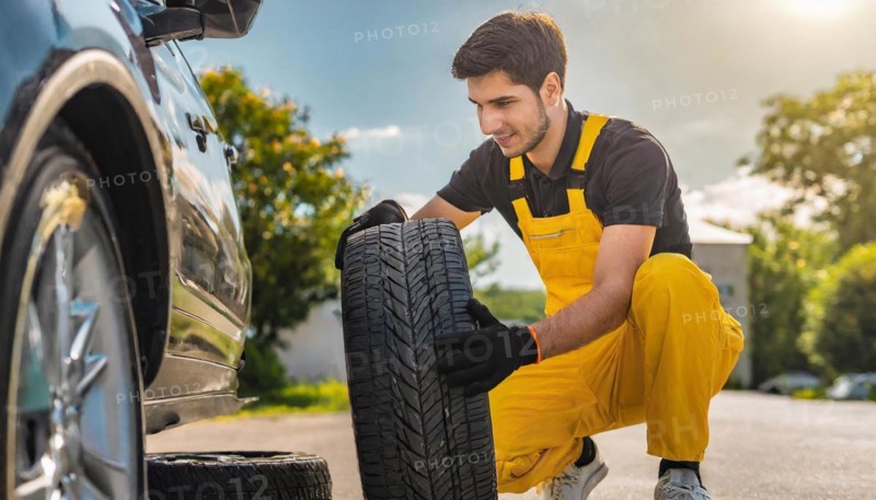 AI generated, A mechanic changes the tyres on a customer's car, Tyre fitting
