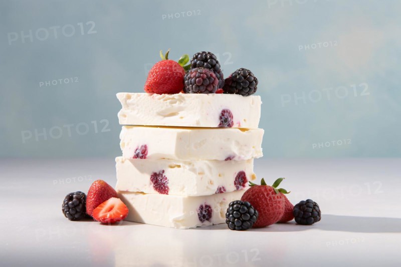 Stack with white nougat with berry fruits. KI generiert, generiert AI generated