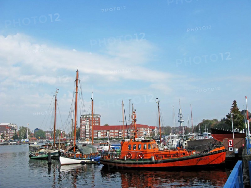 Boats, ships, town hall, Emden harbour, East Frisia, Germany, Europe