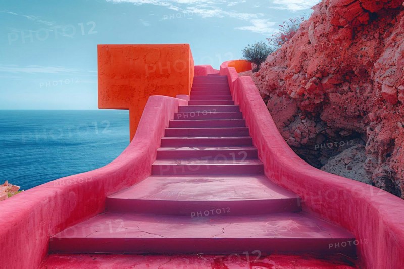 Vivid pink staircase with unique architectural shapes against a seascape and clear sky, AI generated