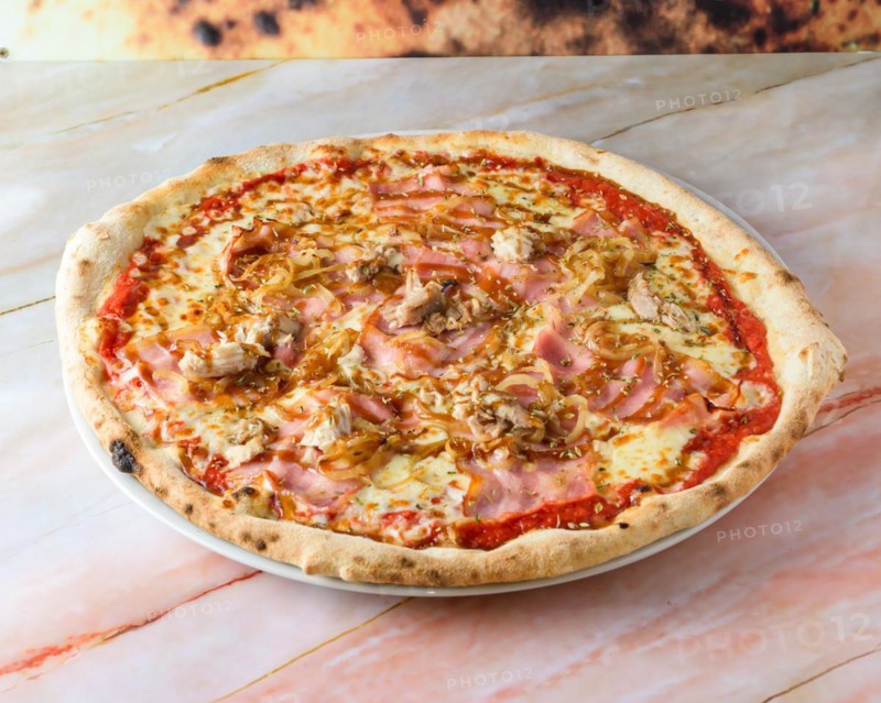 Pizza with barbecue sauce side view, pizza