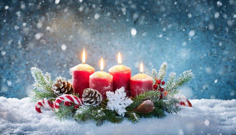 Ai generated, Advent wreath with burning candles, Christmas season, Christmas decoration, 4th Advent, Fourth Advent