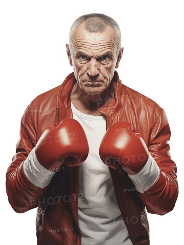 Illustration, an older man with boxing gloves looks confidently and resolutely into the camera, symbolic image for self-defence at an advanced age, AI generated, AI generated, AI generated