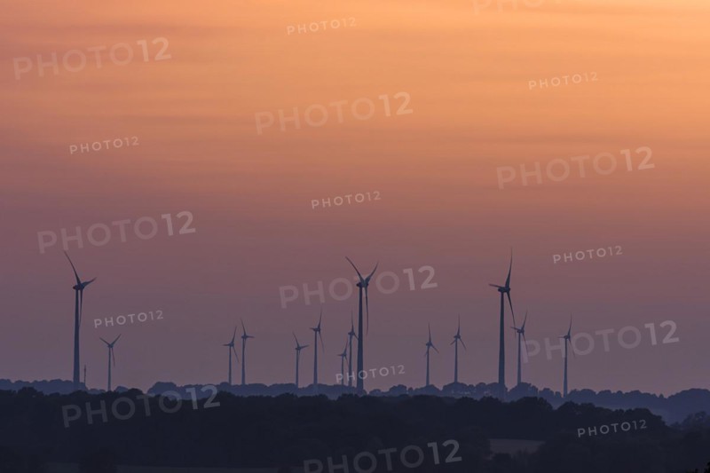 Wind turbines in the sunset, Schoenberg, Mecklenburg-Vorpommern, Germany, Europe