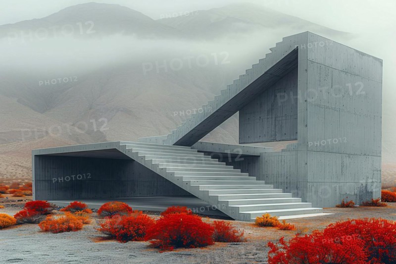 Modern concrete architecture with stark geometric shapes amidst red desert flora under fog, AI generated