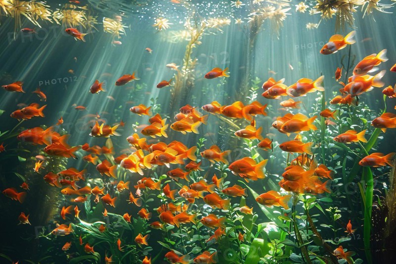 Sunbeams illuminate a school of goldfish underwater among aquatic plants, AI generated