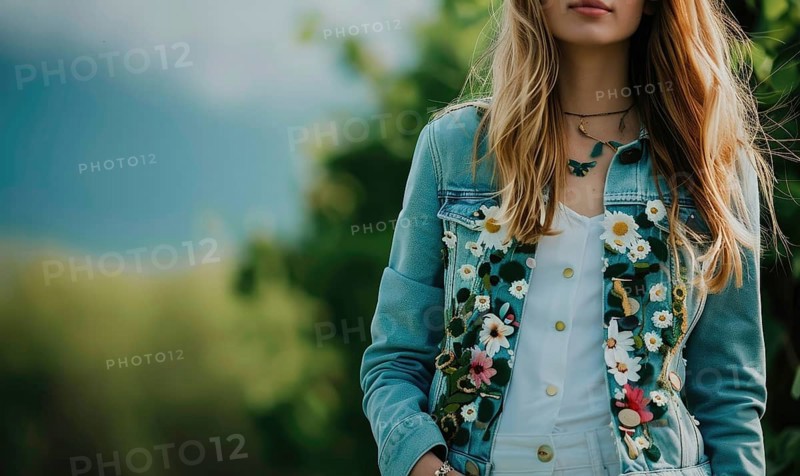 Close-up of a young woman in a denim jacket with floral embroidery AI generated