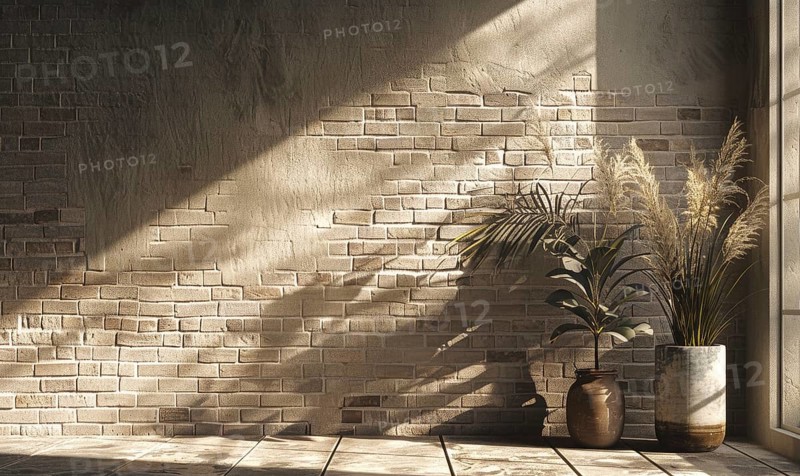 A tranquil corner where shadows from potted plants dance on a sunlit textured brick wall AI generated
