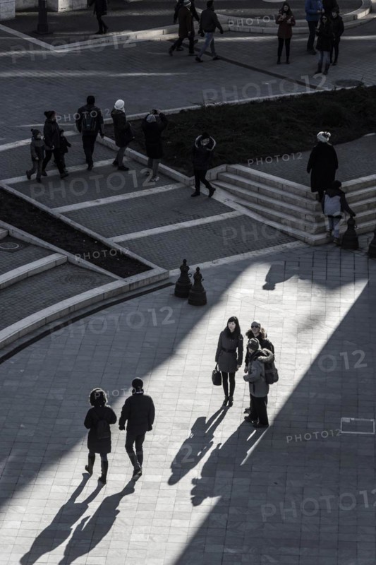 Sunlight floods the inner courtyard of the Fisherman's Bastion, travel, city trip, tourism, light, shadow, silhouettes, Eastern Europe, capital, Budapest, Hungary, Europe