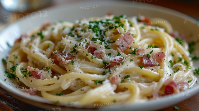 A close-up of fettuccine pasta garnished with Parmesan cheese, bacon bits and parsley on a white plate, ai generated, AI generated