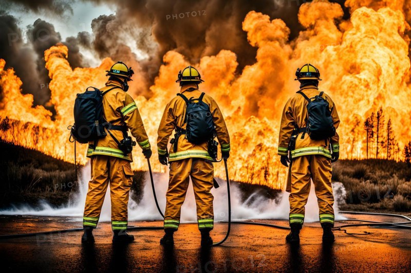 Firefighters engage a raging wildfire water hoses unleashing torrents cloaked in protective gear, AI generated