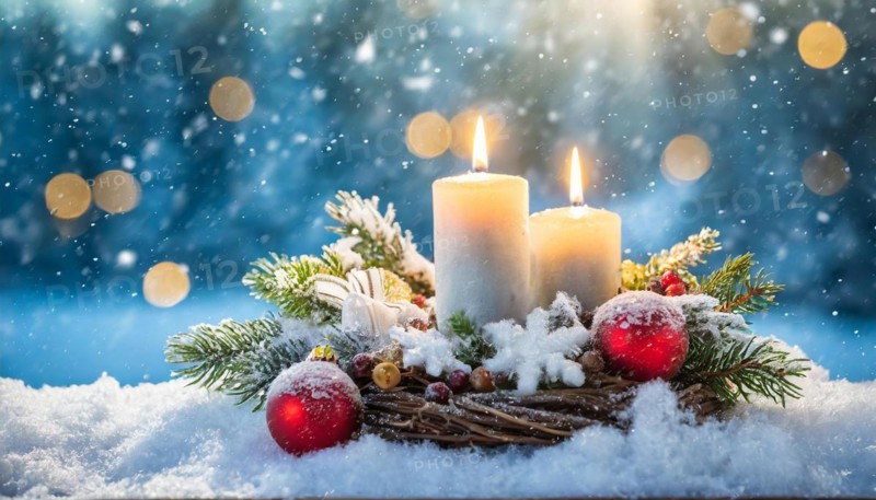 Ai generated, Advent wreath with burning candles, Christmas time, Christmas decoration, 2nd Advent, Second Advent