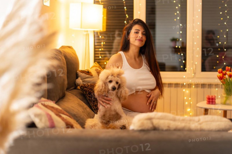 Portrait of a pregnant woman and dog sitting together on the sofa at home at night