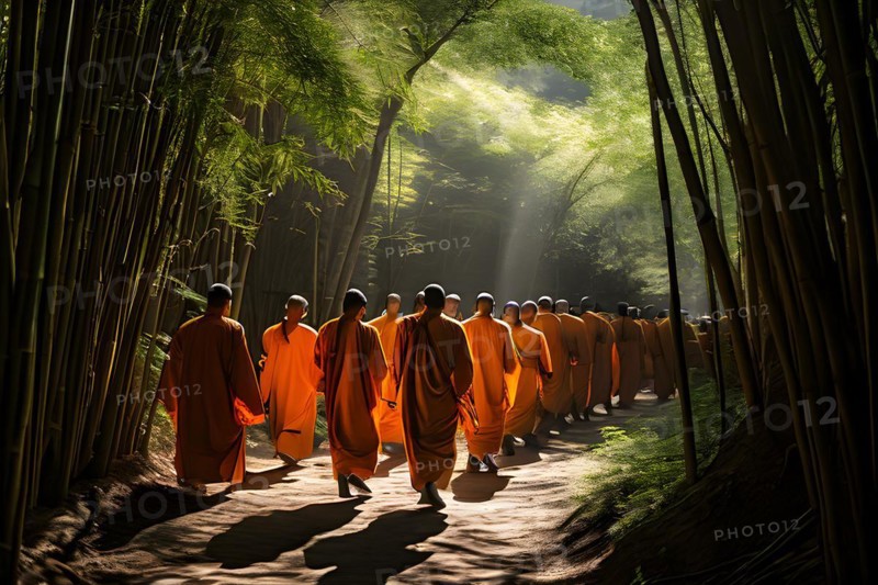 Shaolin disciples clad in traditional orange robes walk in a serpentine single file bamboo stalks, AI generated