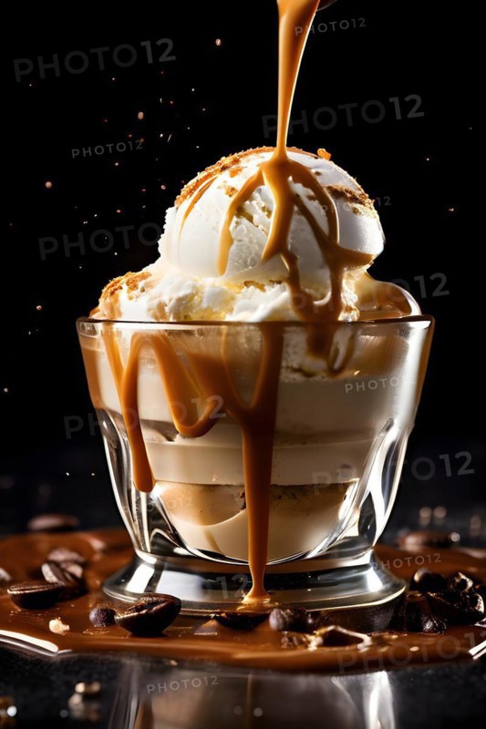 Gelato affogato scoop submerged in cascading hot espresso, AI generated