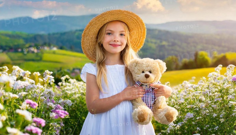 Ai generated, A blonde girl, 8 years old, enjoys the summer in a meadow with lots of flowers and is happy about her teddy bear, mascot