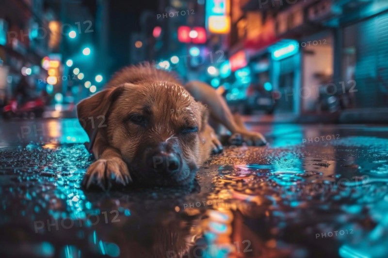 An abandoned, stray, young mixed-breed dog lies on a wet road at night and looks sad, AI generated, AI generated, AI generated