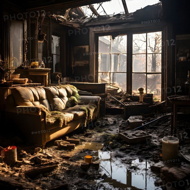 Interior of a flooded home furniture and personal items drenched, AI generated