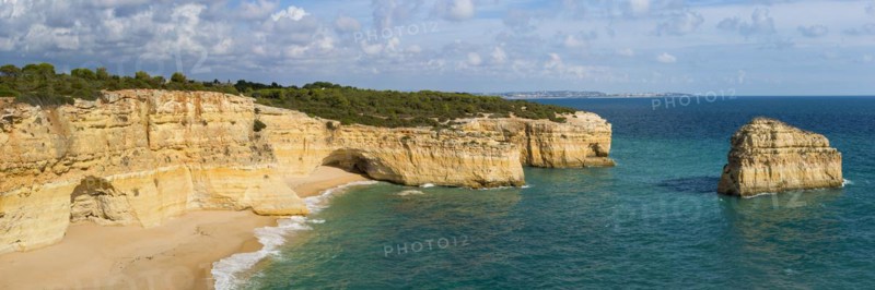 Beach section with rocky coast at the Algarve, summer holiday, weather, sunny, Atlantic, panorama, summer holiday, travel, holiday, tourism, nature, rocky, beach, bathing holiday, empty, nobody, landscape, coastal landscape, rocks, cliffs, bay, sea bay, sea, Carvoeiro, Portugal, Europe