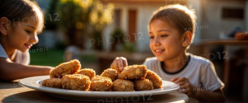 Two happy children sitting outside at sunset with a plate of chicken nuggets, wide horizontal aspect ratio, blurred sunny background with bokeh effect, AI generated
