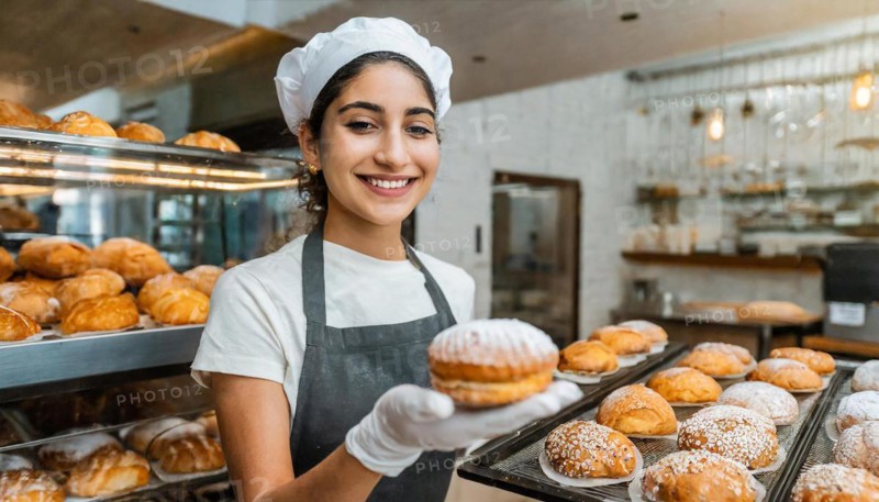 Ai generated, woman, 20, 25, years, shows, bakery, bakery shop, baquette, white bread, France, Paris, Berliner, doughnut, Europe