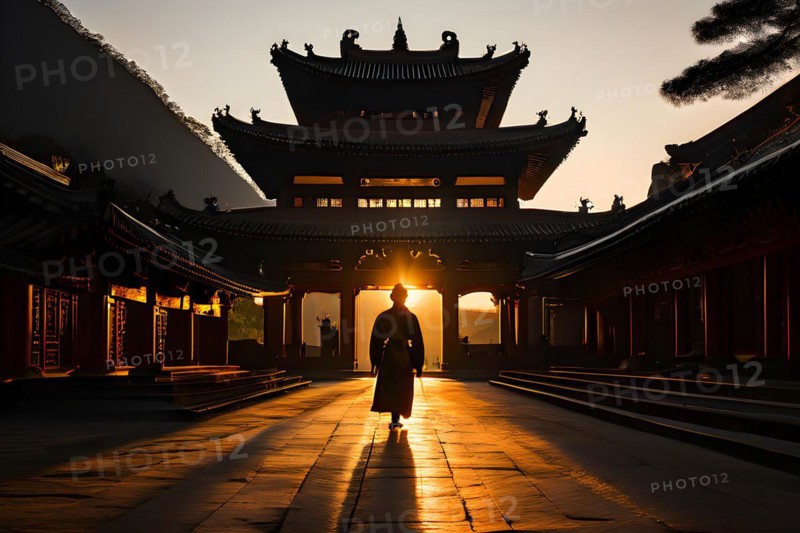 Shaolin temple silhouetted against a radiant sunset, AI generated