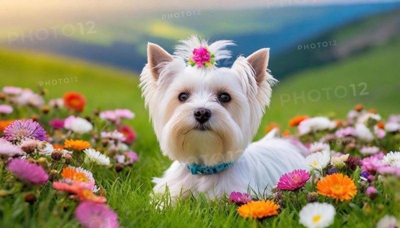 KI generated, A white Yorkshire Terrier lying in a flower meadow, (Canis lupus familiaris)