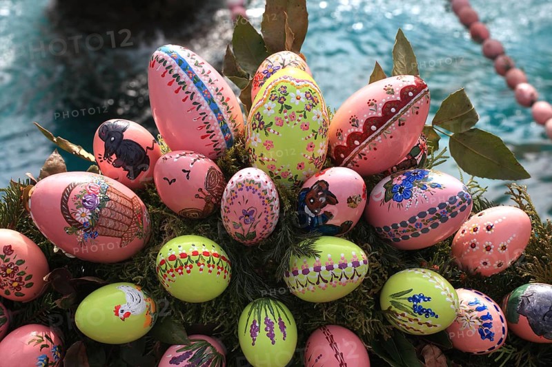 Detail of an Easter fountain in Franconian Switzerland, Bamberg district, Upper Franconia, Germany, many colourful blown-out and dyed eggs as decoration, Easter custom, Europe