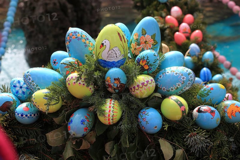 Detail of an Easter fountain in Franconian Switzerland, Bamberg district, Upper Franconia, Germany, many colourful blown-out and dyed eggs as decoration, Easter custom, Europe