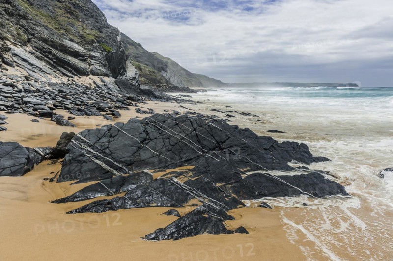 Algarve beach, wide, black rock, rocky coast, nobody, spray, cloud, summer holiday, beach holiday, sea, ocean, Atlantic, Atlantic Ocean, sandy beach, coast, Atlantic coast, national park, geography, climate, travel, empty, sun, nature, natural landscape, beach landscape, beach walk Aljezur, Carrapateira, Sagres, Portugal, Europe