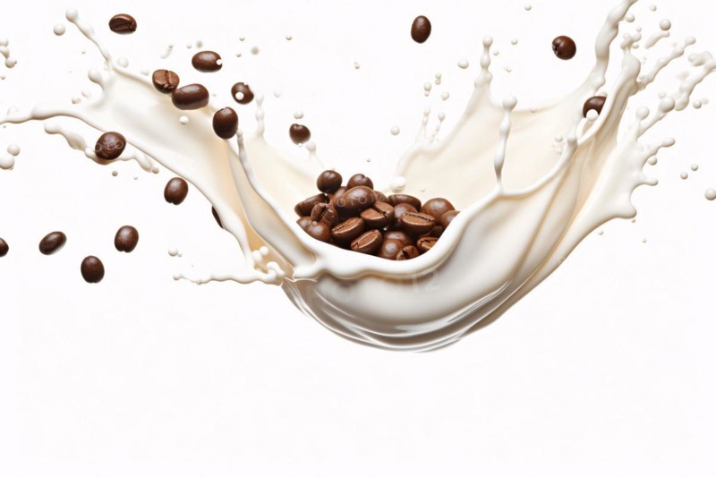 Milk or yogurt splash with raw coffee beans on white background. KI generiert, generiert AI generated