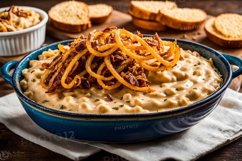 Spaetzle in a velvety cheese sauce with crispy fried onions, AI produced, AI generated