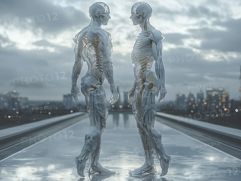 Two skeletons face each other, reflected on a wet surface against an urban backdrop, AI generated, AI generated, AI generated