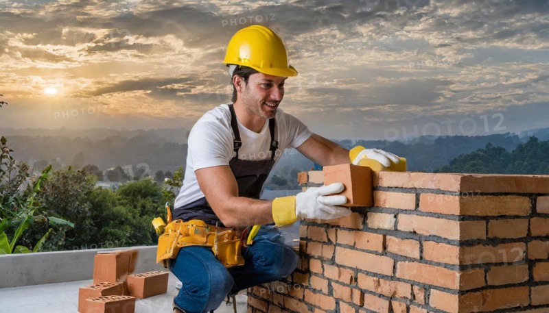 AI generated, A bricklayer inspects a brick wall, 30, 35, years