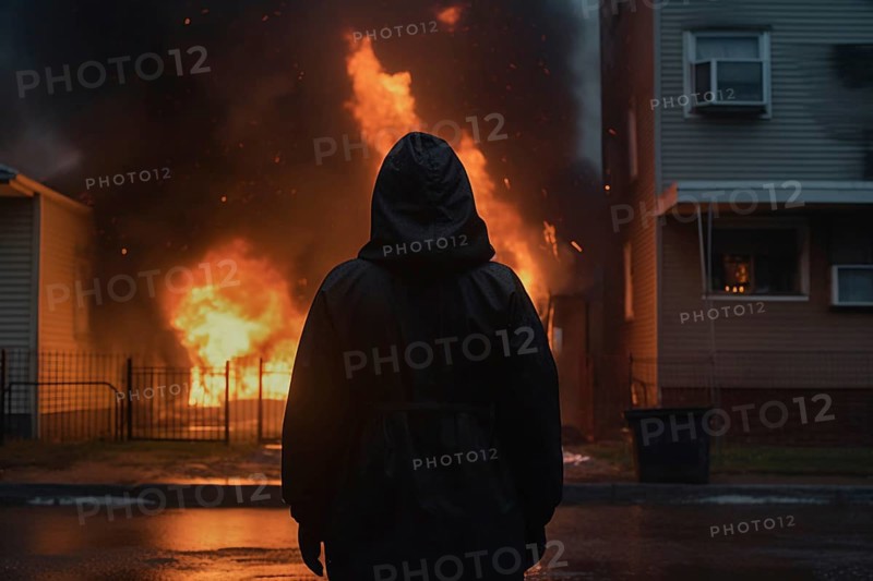 Back view of hooded person in front of burning building at night. Arson crime concpet. KI generiert, generiert AI generated