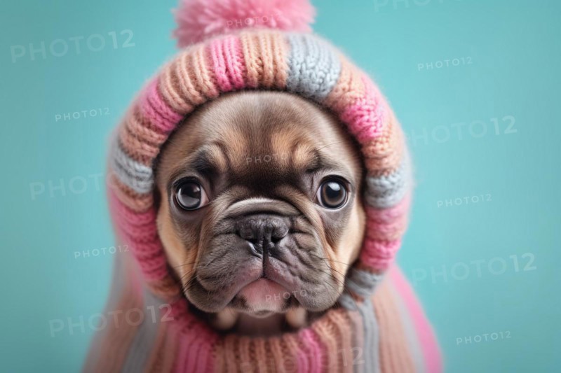 Cute French Bulldog dog with knitted colorful winter hat on pastel blue background. KI generiert, generiert AI generated
