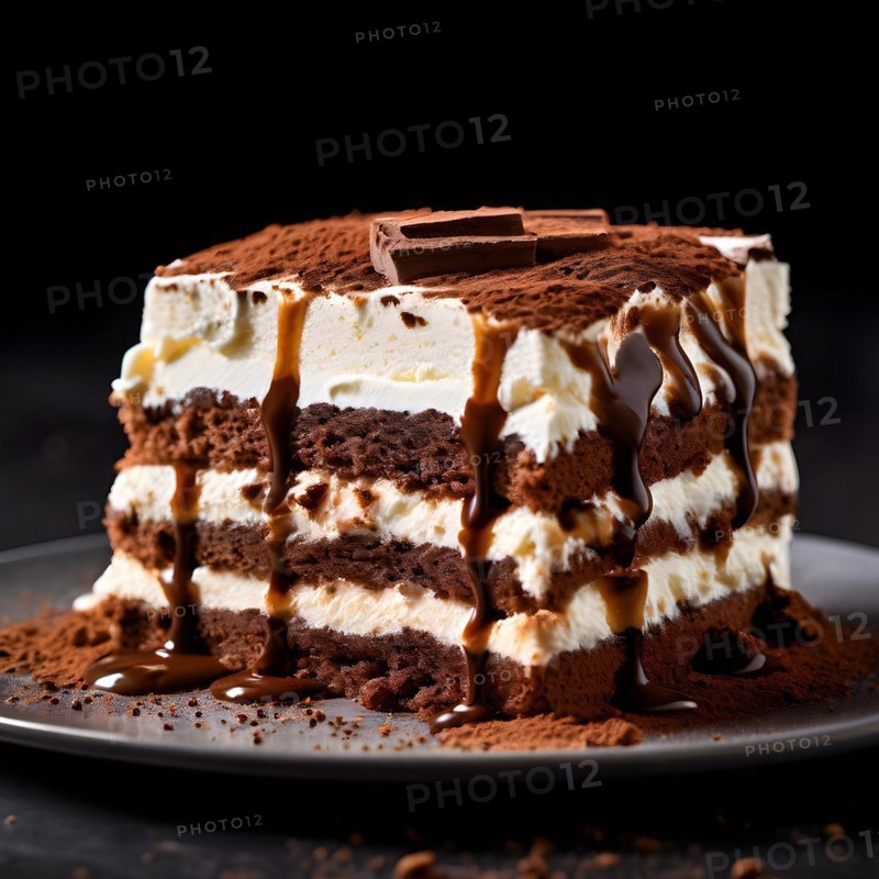 Tiramisu in cross section coffee soaked ladyfingers interspersed with creamy mascarpone surface, AI generated