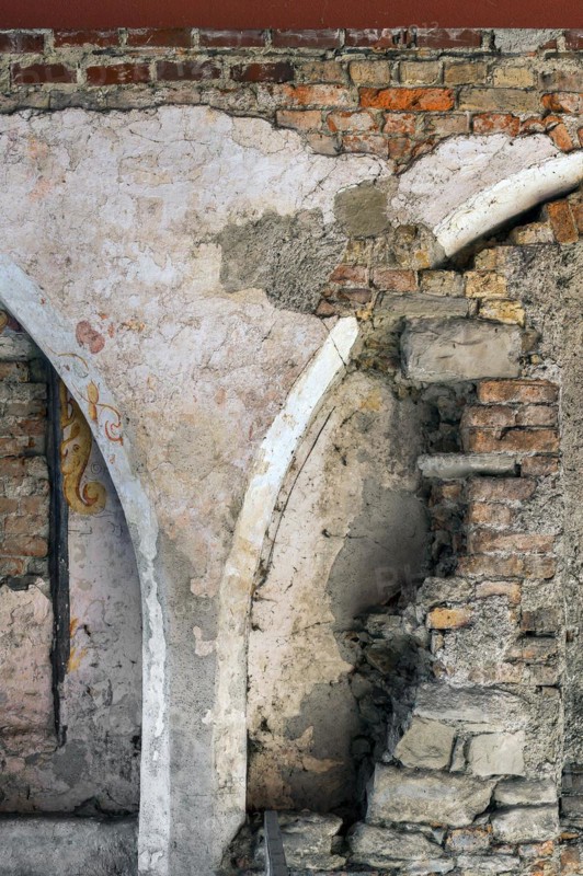 Brick-filled blind arcade wall with remains of painting, 15th century, Kempten, Allgaeu, Bavaria, Germany, Europe