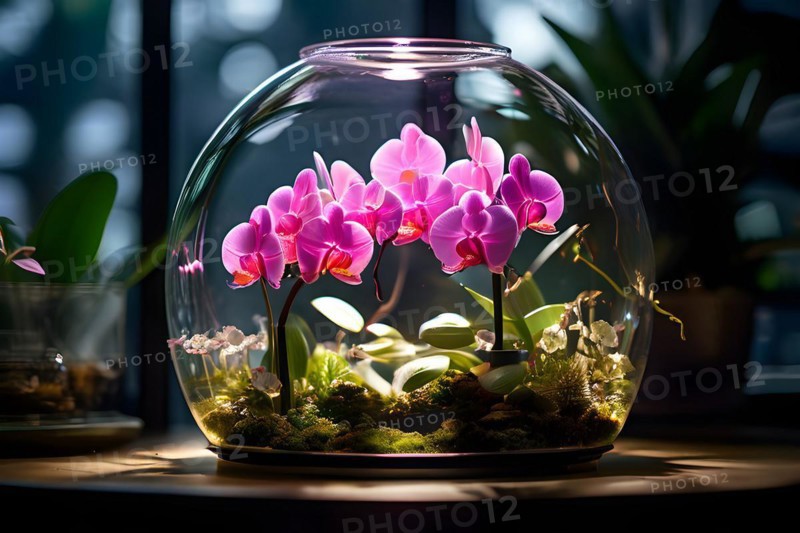 Orchids flourish inside a sophisticated glass terrarium their delicate structure, AI generated