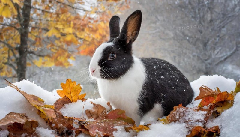 KI generated, A black and white dwarf rabbit in a meadow with autumn leaves, onset of winter, ice, snow, winter, side view, (Brachylagus idahoensis)