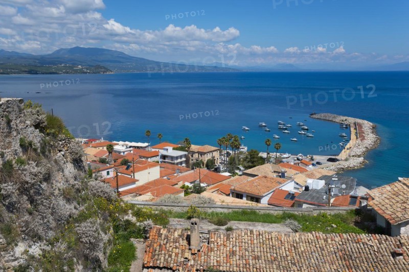 View of a Mediterranean coastal town with a harbour and boats on the sea, old town, Koroni, Pylos-Nestor, Messinia, Peloponnese, Greece, Europe