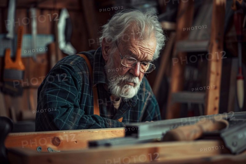 Elderly craftsman concentrating on a woodworking project in his workshop, AI generated
