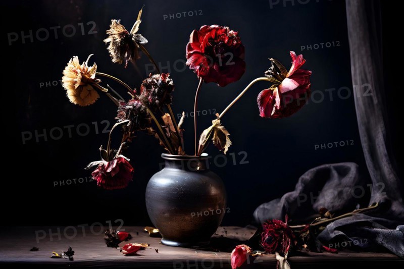 Artistic still life of wilted flowers, AI generated