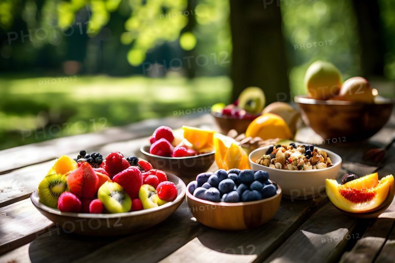 Smoothie bowls garnished with vibrant fresh fruits and an assortment of nuts, AI generated