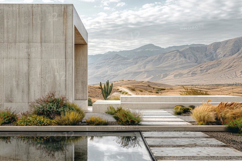 Modern concrete building with water features in a desert landscape with mountains in the background, AI generated