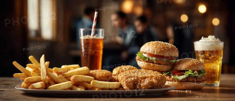 A meal of burgers in a restaurant, fries, chicken, beer, and soda on a wooden table, wide horizontal aspect ratio, blurred sunny background with bokeh effect, AI generated