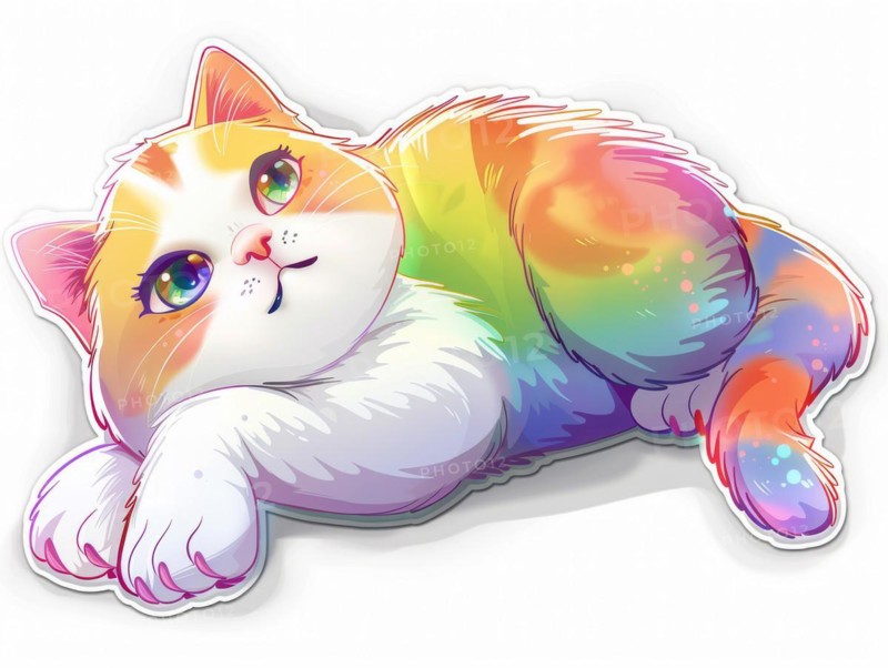 A cute cartoon cat laying down with a coat of rainbow colors, ai generated, AI generated