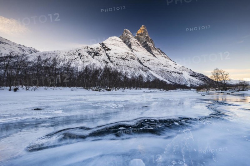 Ice structures in front of Mount Otertinden, Signaldalen, Lyngenfjord, Tromso, Norway, Europe