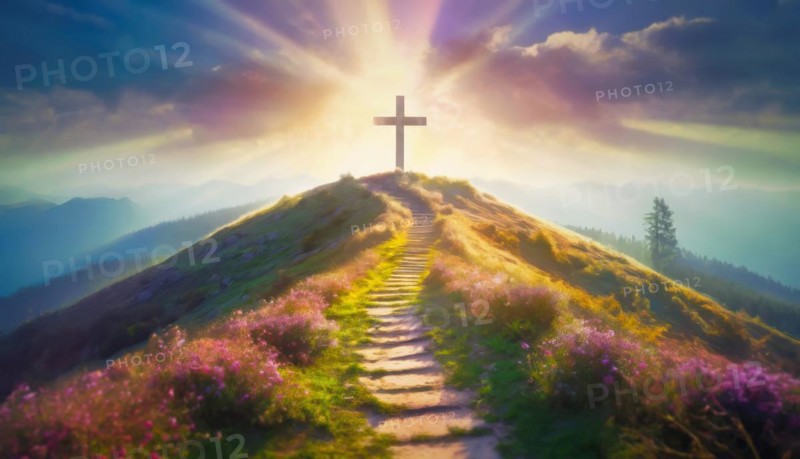 Footpath leading to a cross on top of the hill backlit by soft light beams. Heavenly beautiful background for Easter Christian holiday. Conceptual scene for religion and faith. AI generated art